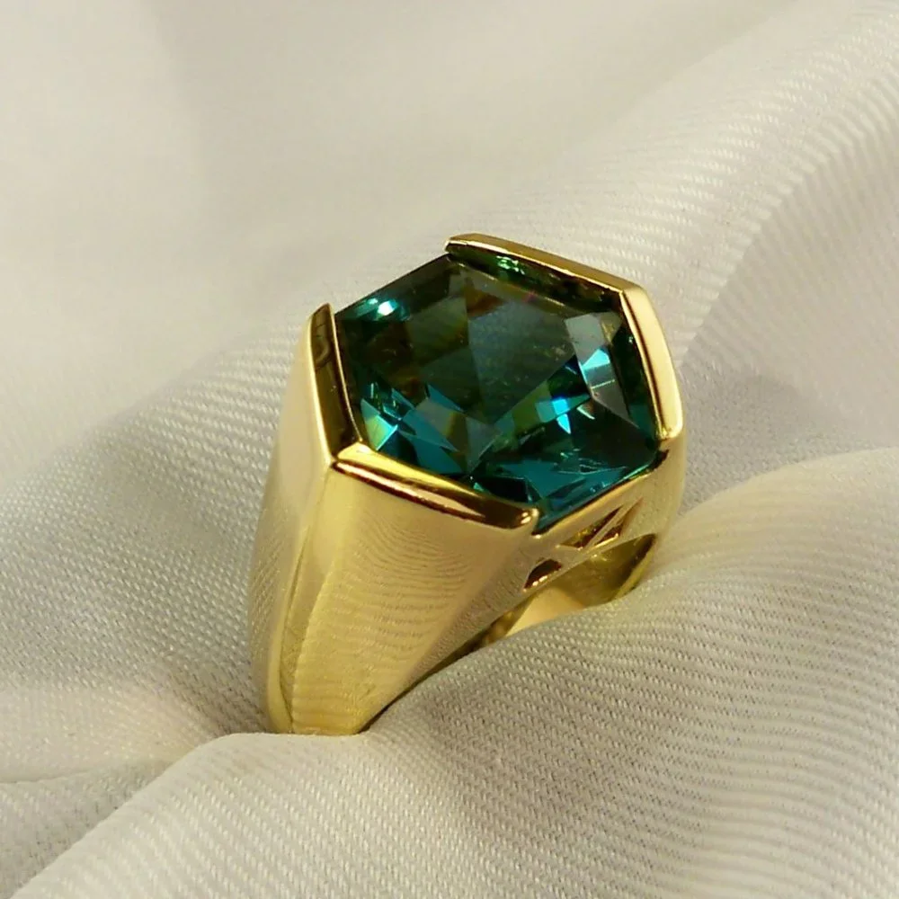 NEW Aquamarine Hexagon Cut Crystal Gold Ring